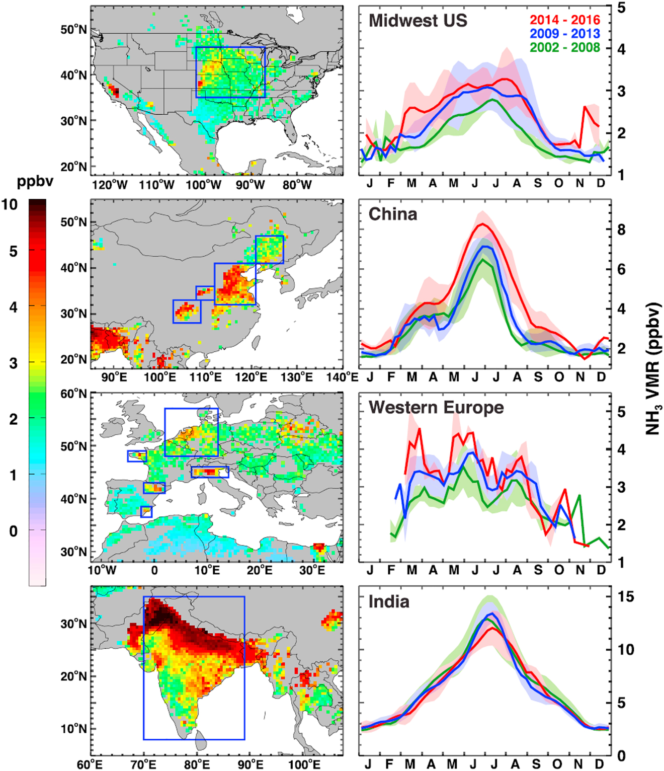 Figure 4: 
Atmospheric NH3 trends over the world’s major agricultural areas detected from space; volume mixing ratio computed for 1° × 1° latitude-longitude grid cell [83] (with kind permission from John Wiley and Sons).
