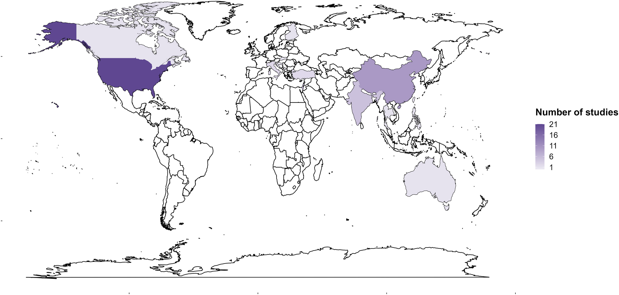 Figure 2: 
Map showing the distribution of included studies.
