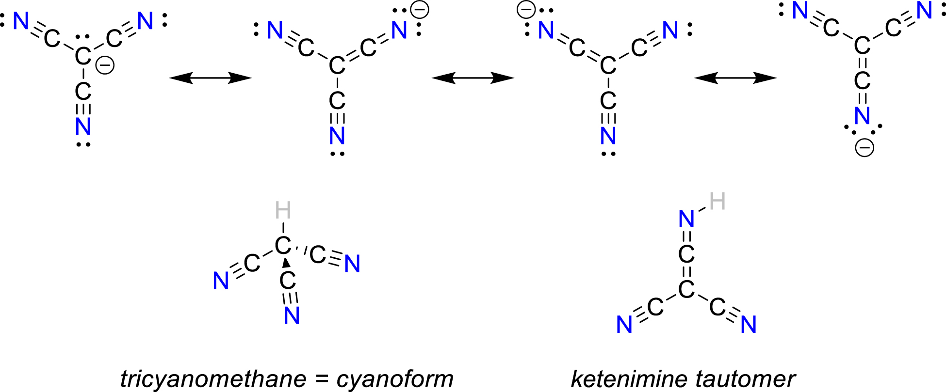 Figure 31: 
Top: Possible resonance structures of the tricyanomethanide anion and bottom: Tautomers of HC(CN)3.
