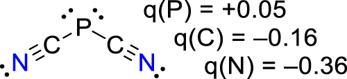Figure 38: 
Calculated net charges of dicyanophosphide (Sheldrick et al., 1979).
