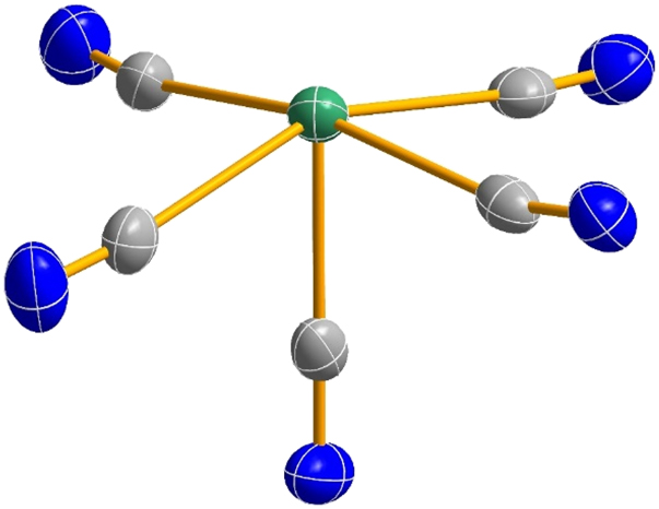 Figure 42: 
Molecular structure of [Sb(CN)5]2– in the crystal (color code: blue = nitrogen, grey = carbon, green = antimony) (Arlt et al., 2016b).
