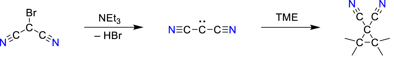 Scheme 48: 
Formation of 1,1-dicyanotetramethylcyclopropane due to the reaction of in situ generated C(CN)2 with tetramethylethylene (TME) (Swenson and Renaud, 1965).
