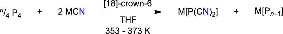 Scheme 72: 
Synthesis of the dicyanophosphide anion (M = [18]-crown-6-Na, [18]-crown-6-K, NEt4, NBu4, N(PPh3)2) (Schmidpeter et al., 1985a).
