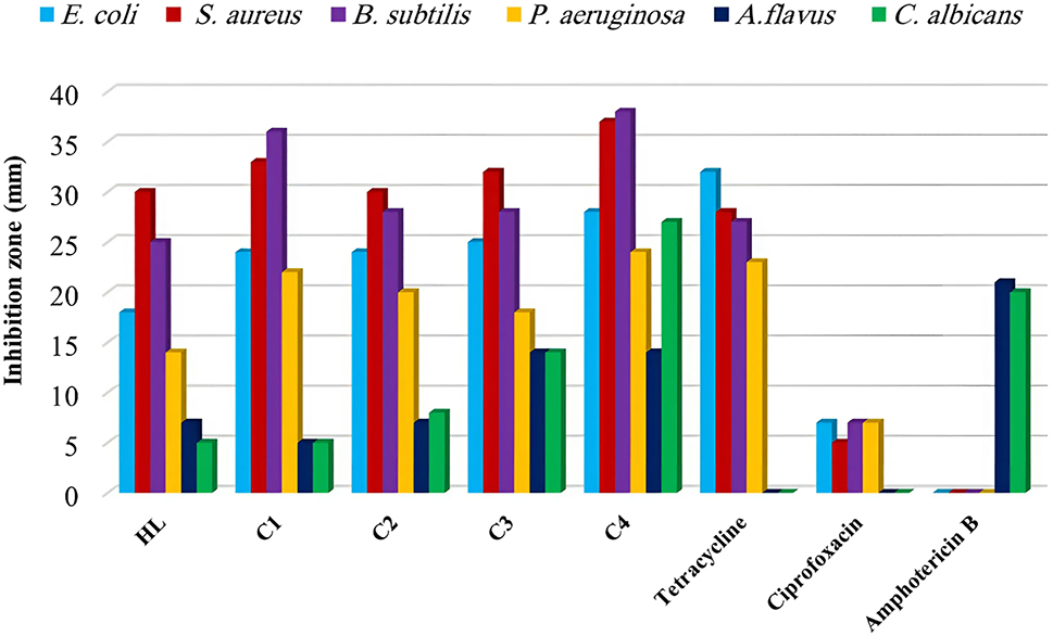 Figure 7: 
Antimicrobial activity of the compounds and standard drugs.