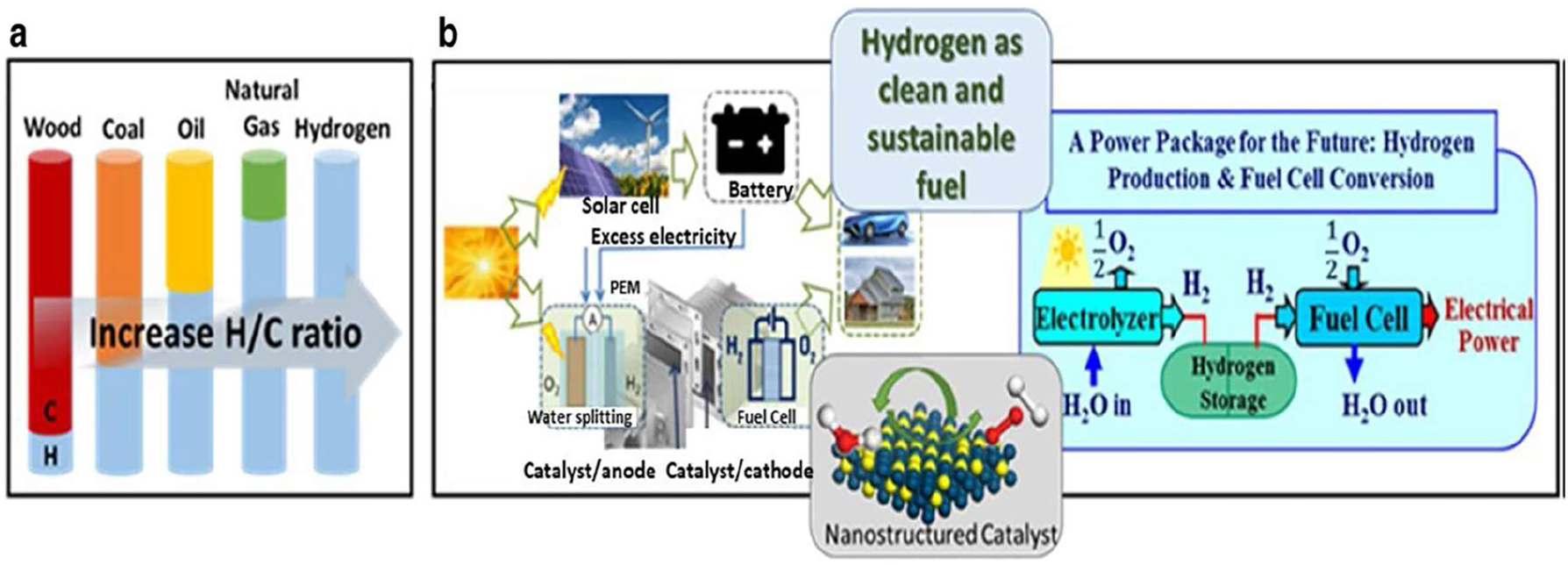 Figure 1: 
Hydrogen fuel cells. (a) Illustration of hydrogen fuel generation with respect to the carbon-to-hydrogen ratio. (b) The future prospects and function of catalyst are demonstrated via the elaboration of a dual cell accomplishment as H2 synthesis by splitting water on or after solar energy and the fuel cell scheme to convert hydrogen energy into electricity. Copyright from Wang et al. Nano Convergence 8:4 – (2021).
