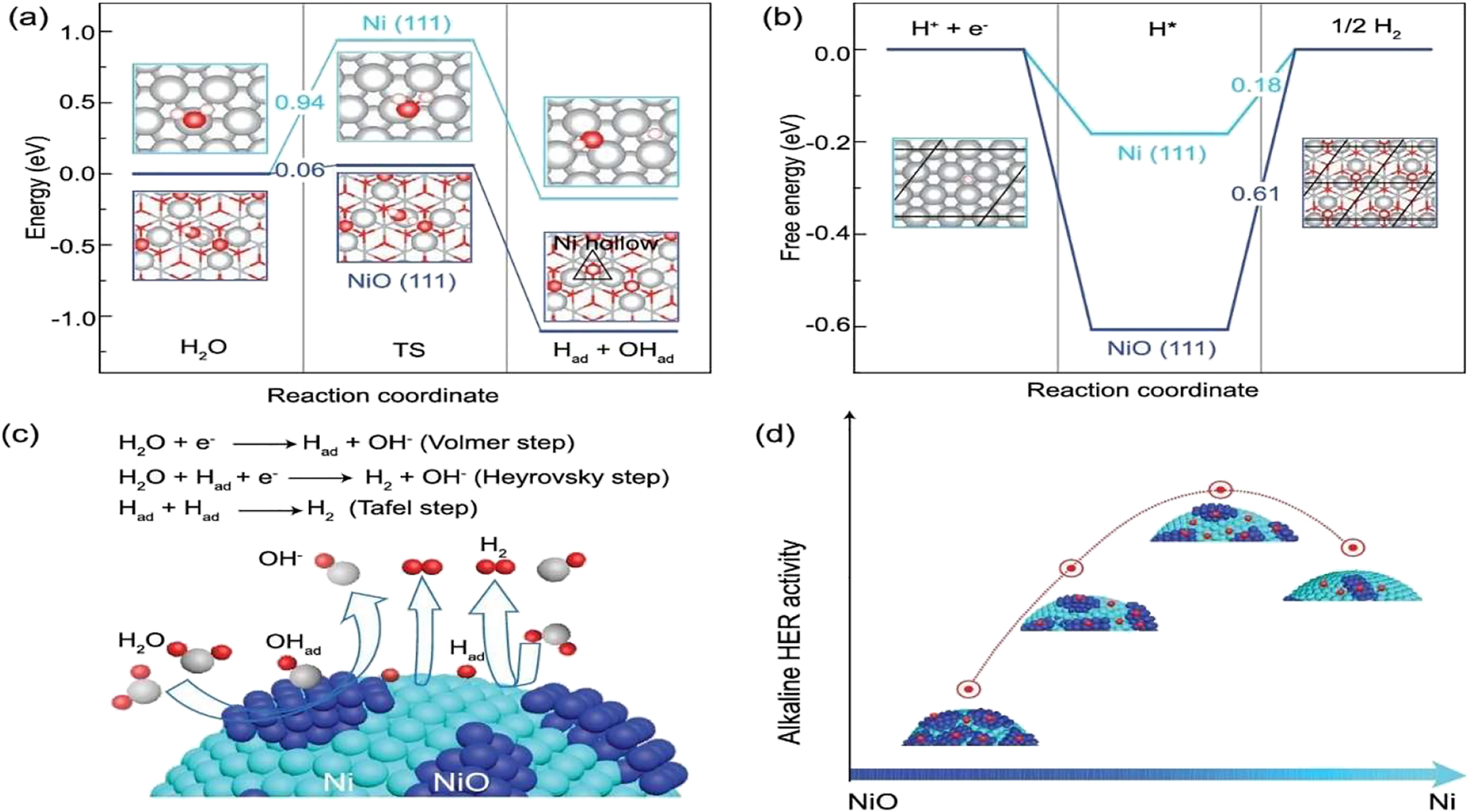 Figure 17: 
DFT calculated reaction energies for (a) dissociation of water and (b) adsorption of hydrogen atoms on Ni and NiO surfaces. (c) A schematic of complete reaction on dual Ni/NiO surfaces and (d) catalytic activity as a function of Ni/NiO ratio.
70

