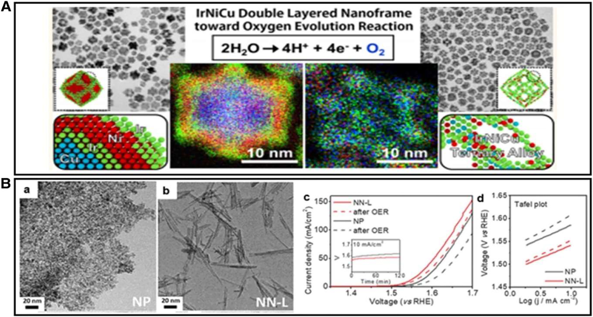 Figure 20: 
IrNiCu DNF structures. (A) Illustration of the HAADF-STEM, transmission electron microscope (TEM) as well as HRTEM, and elemental map of preferred IrNiCu DNF structure.
95
 Copyright ACS Nano (2017) (B) (a, b) transmission electron microscope (TEM) imagery of IrO2 nano-particles along with IrO2 nano-needles, (c, d) OER presentation before plus after 2 h galvano-static operation, (c) depiction of LSV curves of IrO2 NN and amorphous nano-particles, (d) Tafel slope
96
 Copyright from Advance. Funct. Material (2018).
