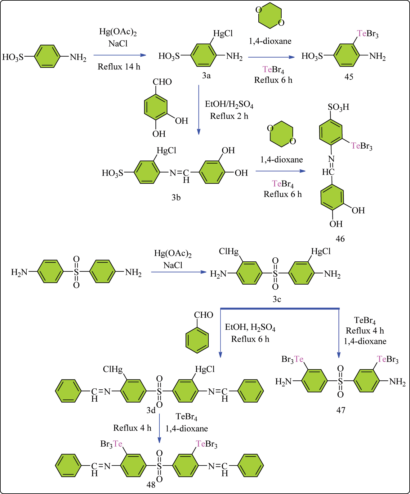 Scheme 9: 
Representation of reaction pathways for the synthesis of Sulpha based Te complexes.

