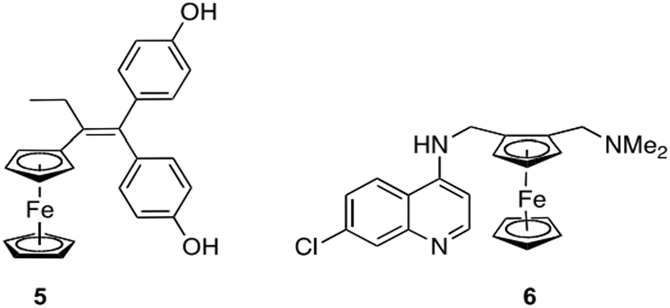 Figure 2:
An effective and more adaptable substitute for ferroquine (6) and the anti-tumor medication tamoxifen (ferrocifen, 5), a malaria treatment option in clinical trials that doesn’t cause chloroquine resistance to develop cross-resistance.