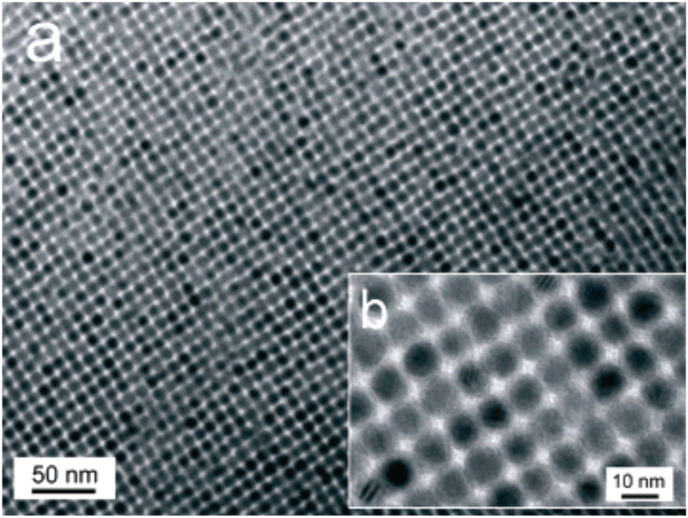 Figure 6:
TEM images of as-synthesized SnTe NCs (10.2 nm) capped with oleic acid, (a) bar indicates 50 nm, (b) bar represents 10 nm. (Reproduced with permission from American Chemical Society
137
).