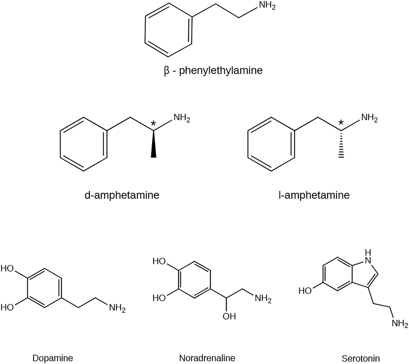 Figure 1:
Chemical structure of β-phenylethylamine, amphetamine (AMPH) isomers (* represent the chiral carbon) and monoamines: dopamine (DA), noradrenaline (NA), and serotonin (5-HT). Created with ChemDraw version 20.0.