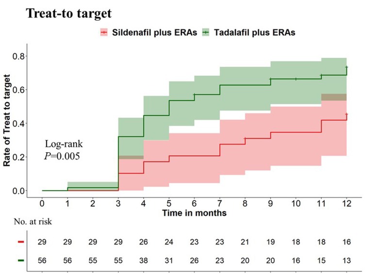 Figure 2 The cumulative rate of treat-to-target within the first year between patients receiving initial combination therapy of tadalafil and ERAs and those receiving sildenafil and ERAs. Individuals treated with tadalafil combined with ERAs were more likely and earlier to achieve treat-to-target than those treated with sildenafil plus ERAs, with 1-year treat-to-target cumulative rates of 73.5% vs. 45.6%, respectively (P = 0.005).