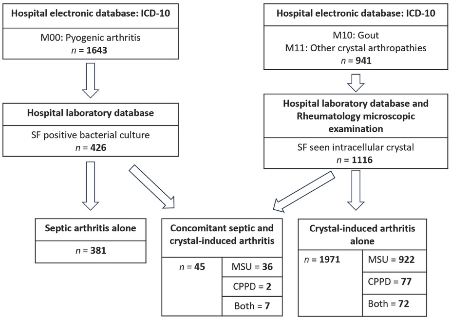 Figure 1 Patients enrollment. CPPD, calcium pyrophosphate dihydrate; ICD-10, International Classification of Diseases 10th Revision; MSUC, monosodium urate crystal; SF, synovial fluid.