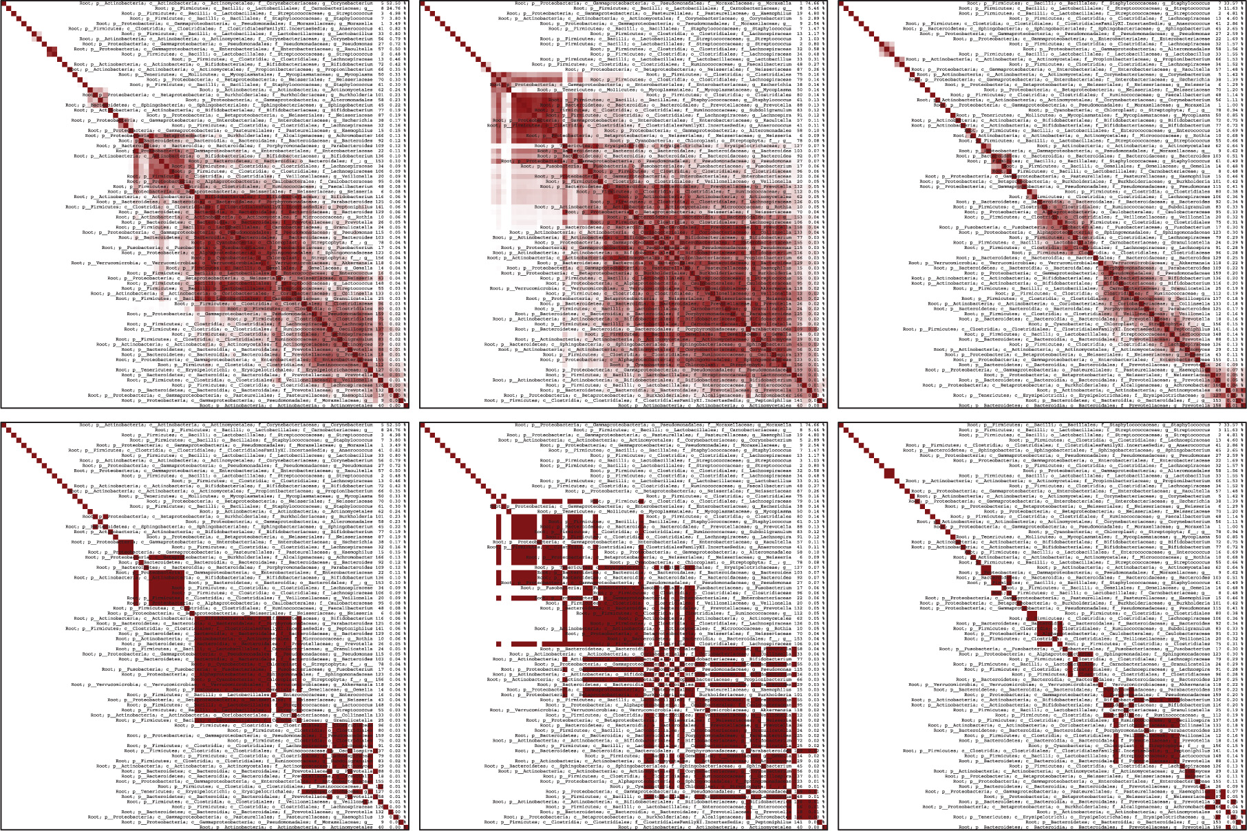 Figure 4 The top three heatmaps shows the averaged values and the bottom three of heatmaps shows the organism with the optimal BIC. Overlain is the corresponding phylogenic information.
