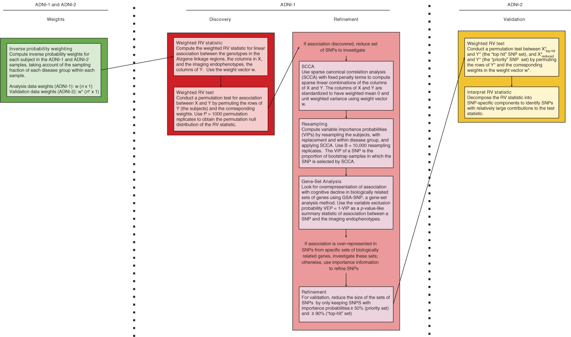 Figure 3: Flow chart of the analysis steps. The first row of column headings indicate the data sample used in the analysis step. The second row of column headings denote the step in the analysis beginning with computing weights, discovering association, refining the set of SNPs to investigate, and ending with validation of association with refined sets of SNPs and the neuroimaging phenotypes.