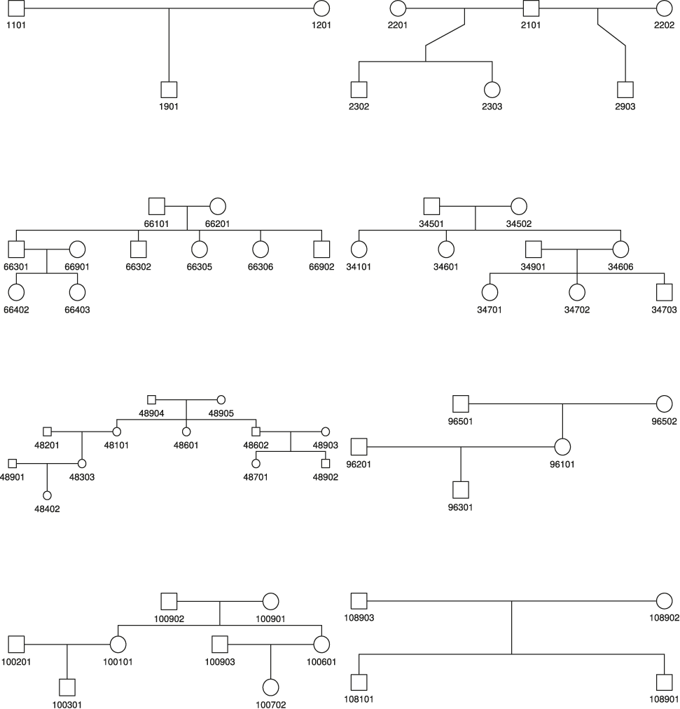Figure C.1: Pedigree graphics for the eight reference families used in the simulation study.
