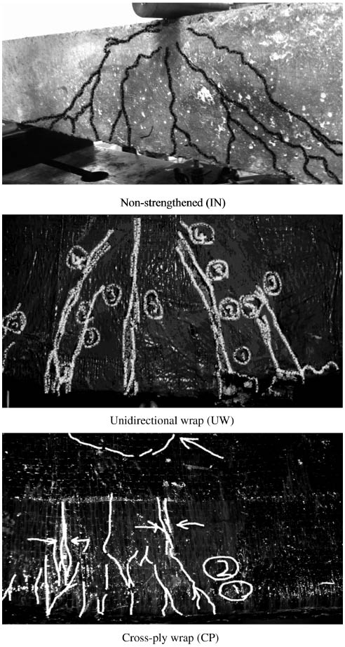 Figure 5: Failure modes of nonstrengthened and strengthened RC beams.