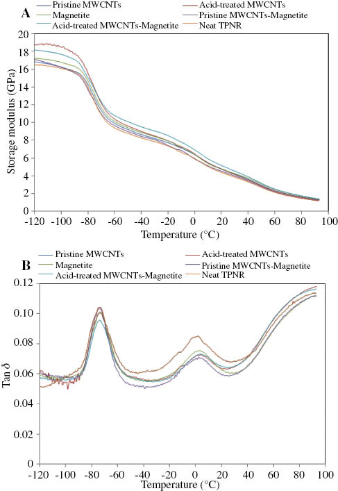 Figure 7 DMA of the neat TPNR and its nanocomposites: (A) storage modulus vs. temperature and (B) tan(δ) vs. temperature.