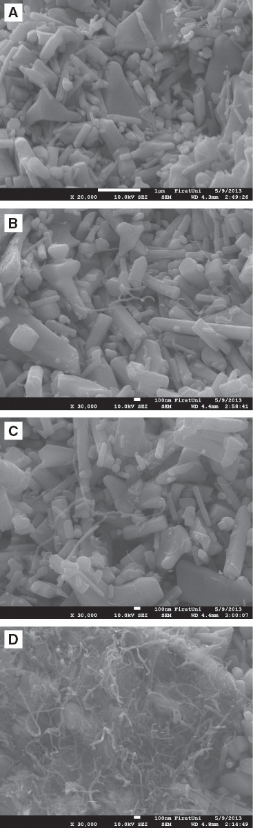 Figure 3 SEM images of the composites (A) undoped ZnO, (B) 0.1 wt% CNT, (C) 0.2 wt% CNT, (D) 5 wt% CNT.