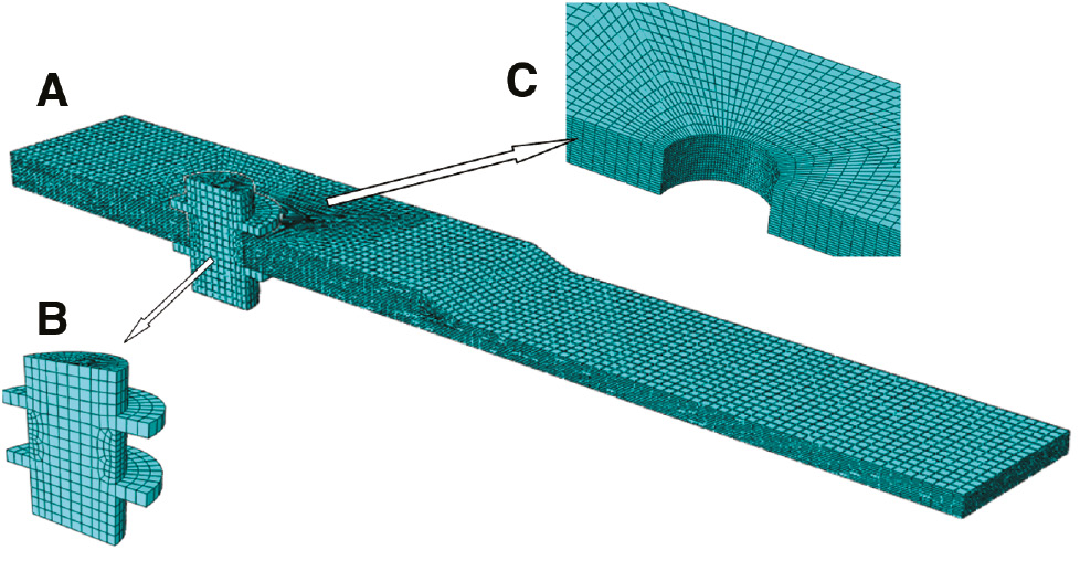 Figure 4: FE model mesh of bolted joints with local reinforcement. (A) 1/2 model (B) bolt and washers (C) mesh detail around hole.