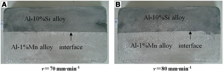 Figure 5: Macrostructures of clad slab on cross section with different casting speed: (A) 70 mm·min-1 and (B) 80 mm·min-1.