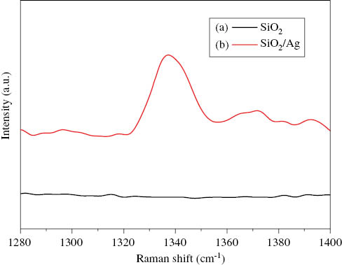 Figure 6: SERS spectra of DTNB. (a) with pure SiO2 powder; (b) with SiO2/Ag composite spheres.