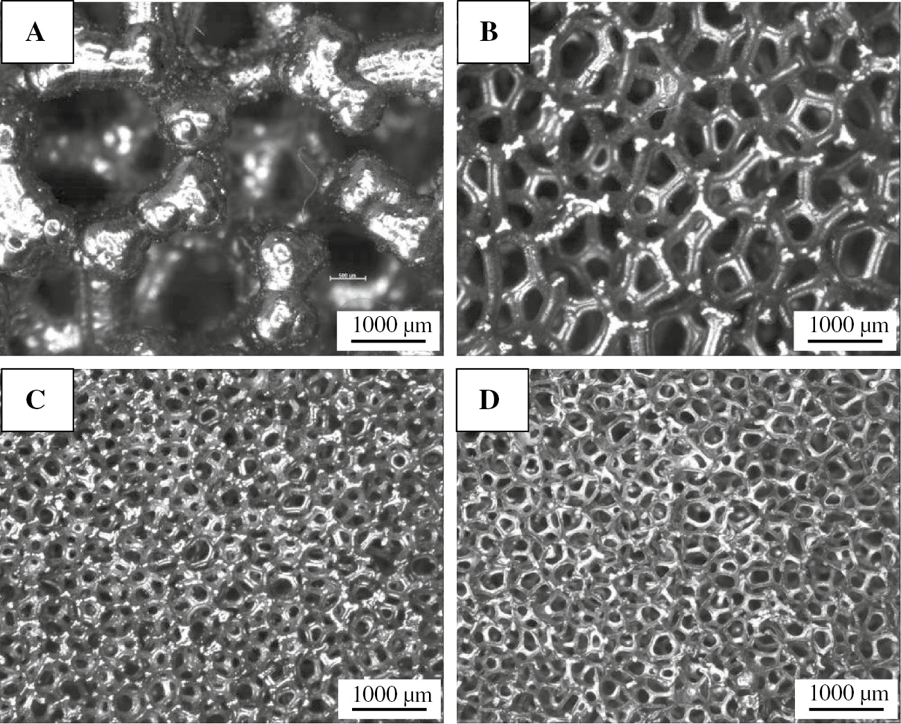 Figure 1: Ni foams used in the work: (A) 25 PPI, (B) 50 PPI, (C) 100 PPI-1, and (D) 100 PPI-2.