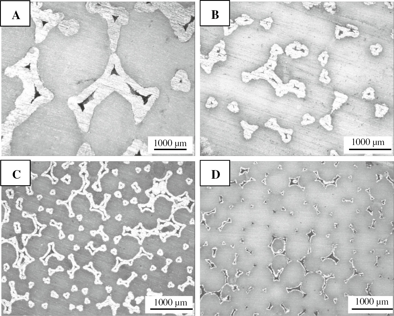 Figure 3: Morphologies of PEEK/Ni foam composites with Ni foams of different PPI values: (A) 25 PPI, (B) 50 PPI, (C) 100 PPI-1, and (D) 100 PPI-2.