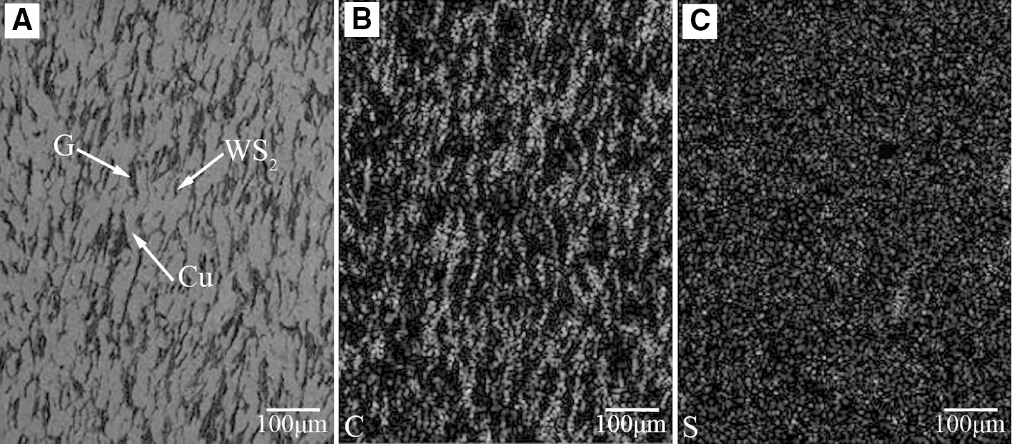 Figure 3: Microstructure (A) and corresponding EDX maps for carbon (B) and sulfur (C) of Cu-WS2-graphite-multi-wall WS2 nanotubes (Cu-WS2-G-WSNTs).