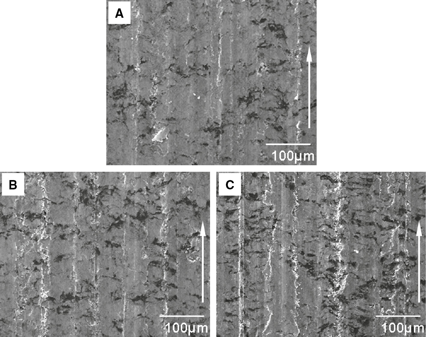 Figure 6: Scanning electron microscopy (SEM) micrographs of the worn surfaces of Cu-WS2-graphite-multi-wall WS2 nanotubes (Cu-WS2-G-WSNTs) under various current densities with 2.5 N/cm2 of applied load and 10 m/s of sliding velocity: (A) 5 A/cm2; (B) 10 A/cm2; (C) 15 A/cm2 (arrows show the sliding direction).