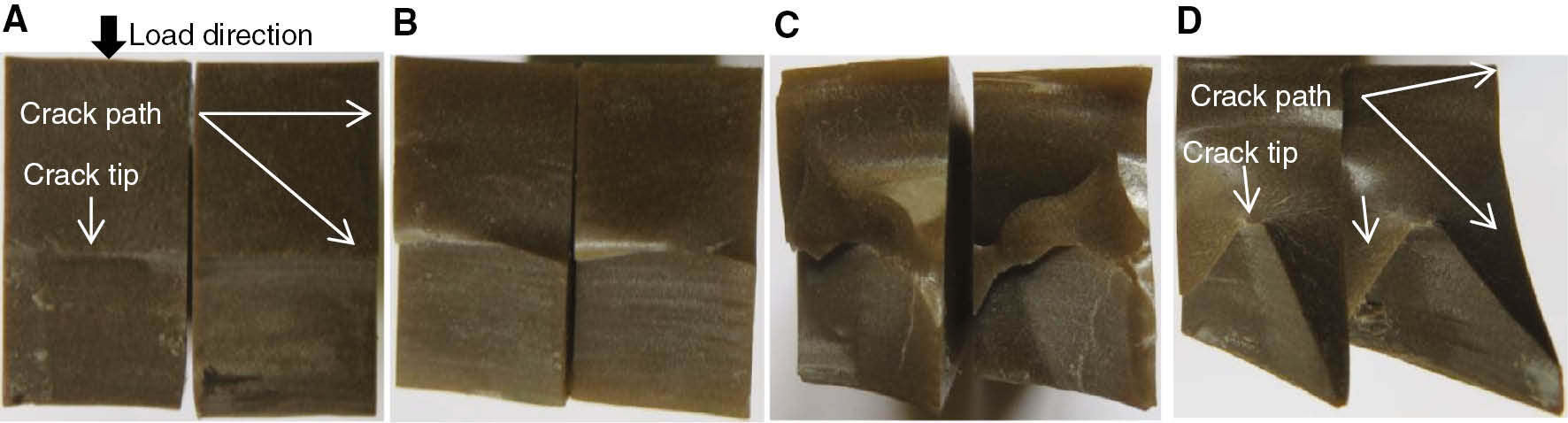 Figure 7: Fracture surfaces of SENB specimens at SSA content of 15 wt% for: (A) mode I θ=90°, (B) mixed-mode θ=75°, (C) mixed-mode θ=45°, (D) mixed-mode θ=30°.