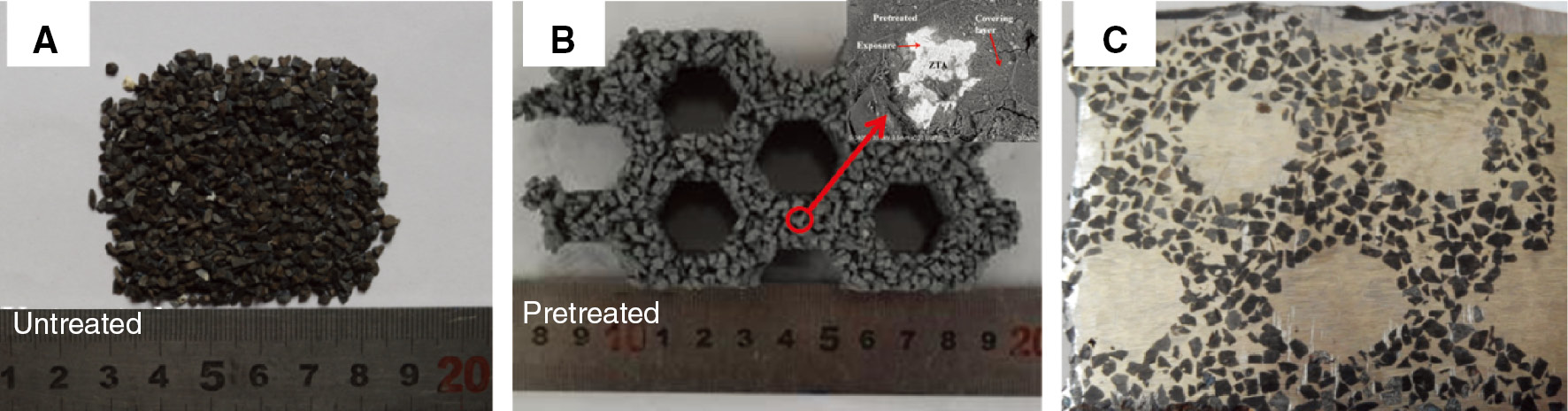 Figure 1: Macrographs of composite: (A) ceramic particles; (B) porous network of the preform; (C) CPRMMC.