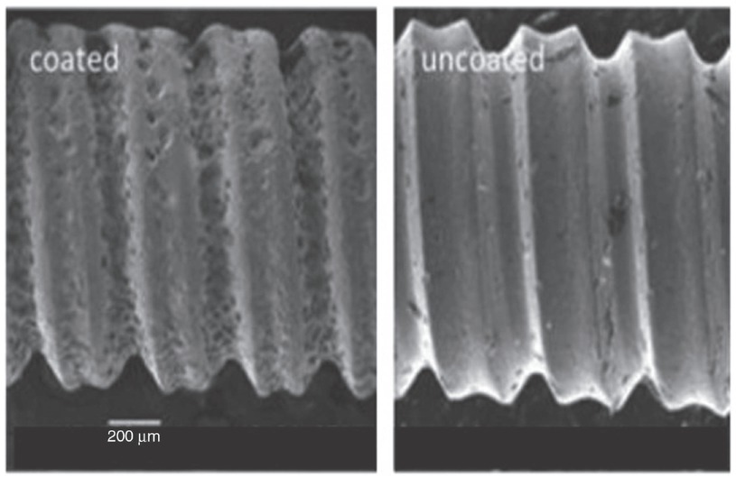 Figure 18 The bioactive glass coating on a Ti6Al4V (6% Aluminium, 4% Vanadium, 0.25% (maximum) Iron, 0.2% (maximum) Oxygen and the remainder Titanium) implant screw. Image available at Ref. [42].