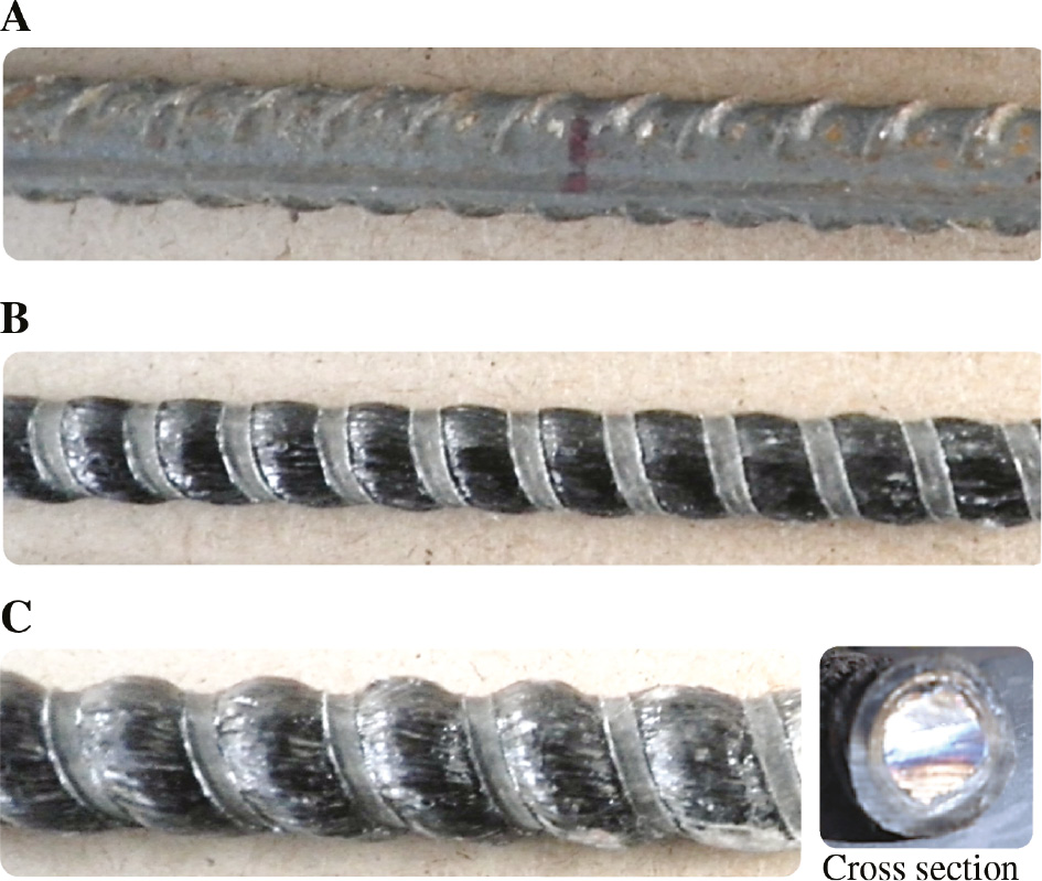 Figure 1: Longitudinal reinforcing bars in this study. (A) Steel bar, (B) BFRP bar and (C) SFCB.