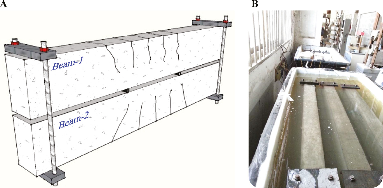 Figure 2: Beam specimens and wet-dry cycling environment. (A) Coupled sustained load and (B) Conditioned in tanks.