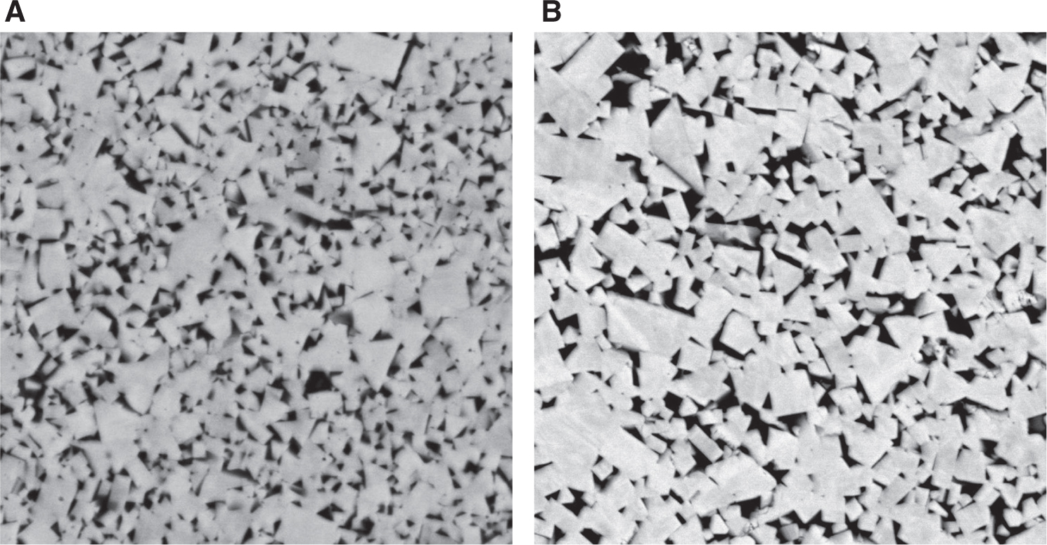 Figure 1: Micrographs of cemented carbide containing (A) 6% of cobalt and (B) 9% of cobalt.