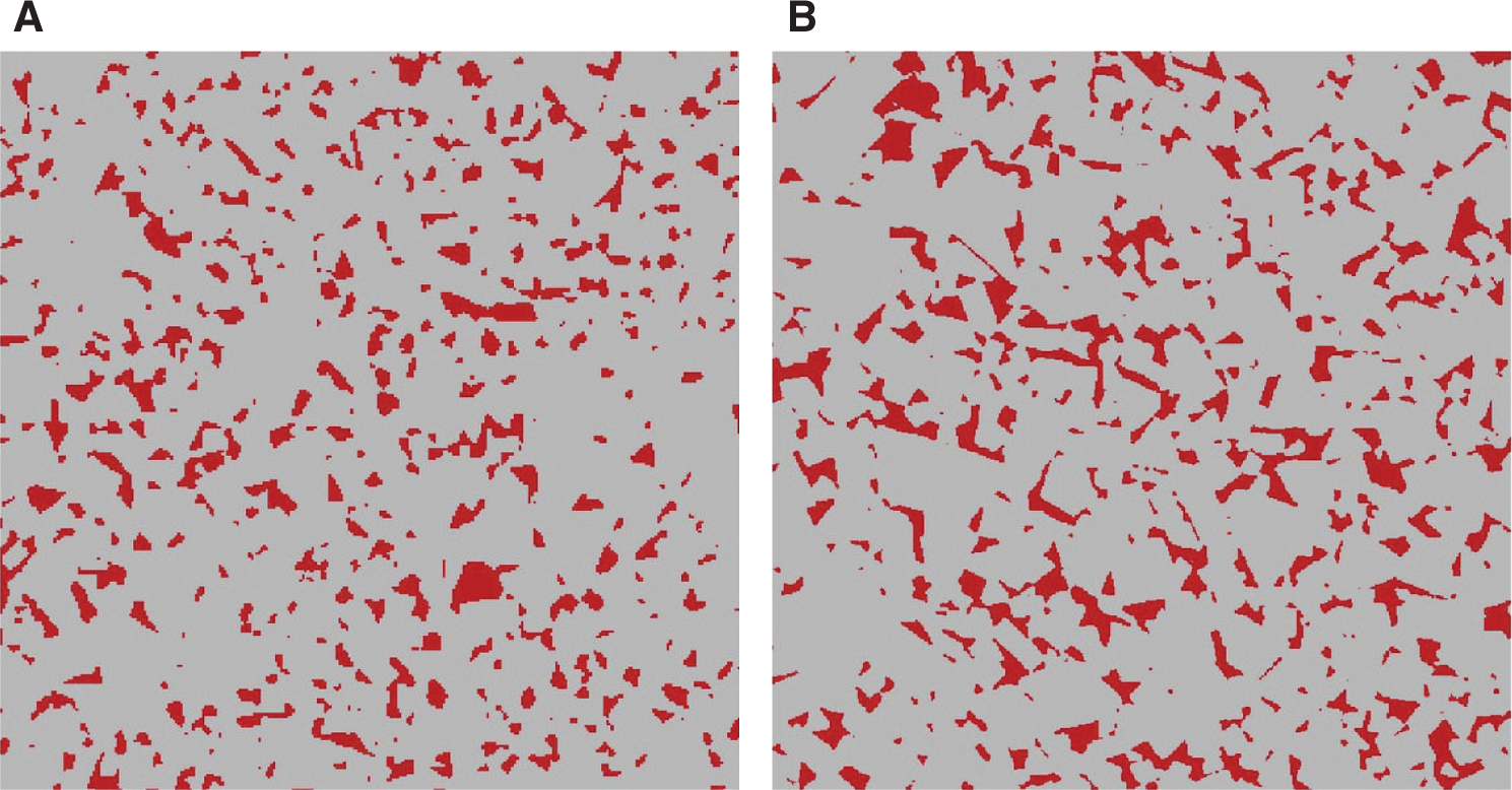 Figure 2: Two-dimensional microgeometries created based directly on micrographs of cemented carbide containing (A) 6% of cobalt and (B) 9% of cobalt.