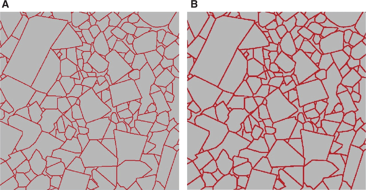 Figure 3: Two-dimensional microgeometries created by introducing continuous boundaries between tungsten carbide particles containing (A) 6% of cobalt and (B) 9% of cobalt.