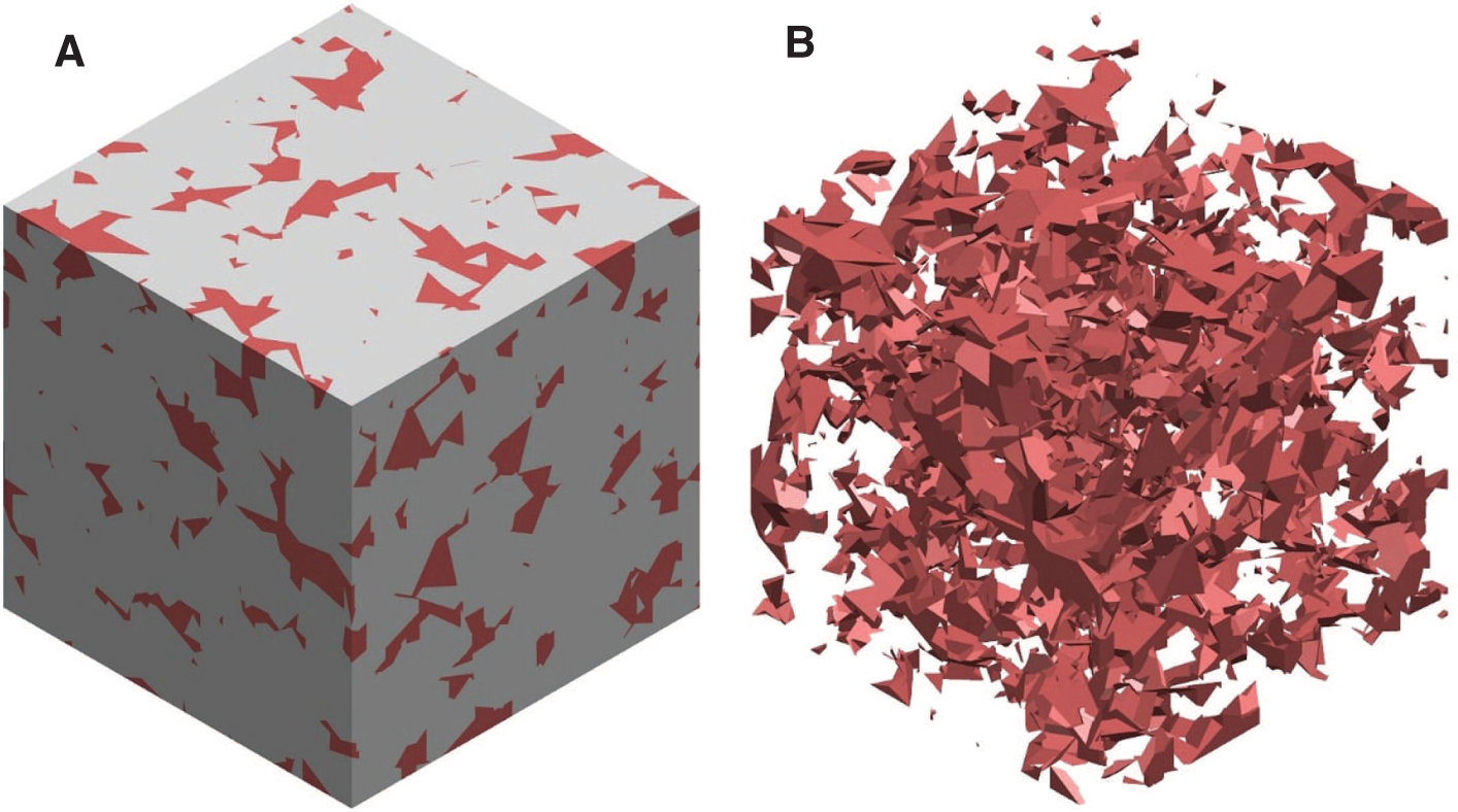 Figure 4: Three-dimensional microgeometry containing 6% Co and cobalt islands: (A) isometric view and (B) detailed view on the cobalt phase.