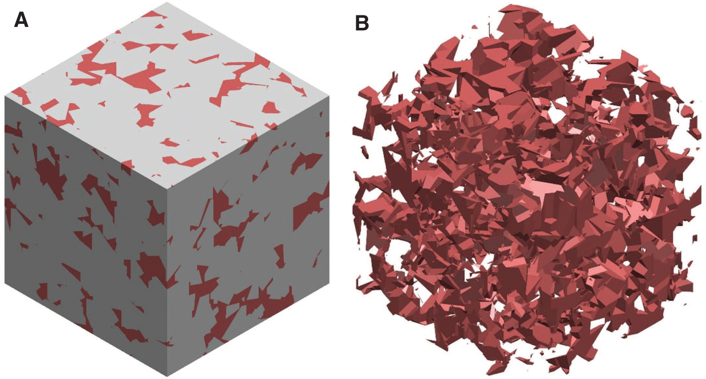 Figure 5: Three-dimensional microgeometry containing 9% Co and cobalt islands: (A) isometric view and (B) detailed view on the cobalt phase.