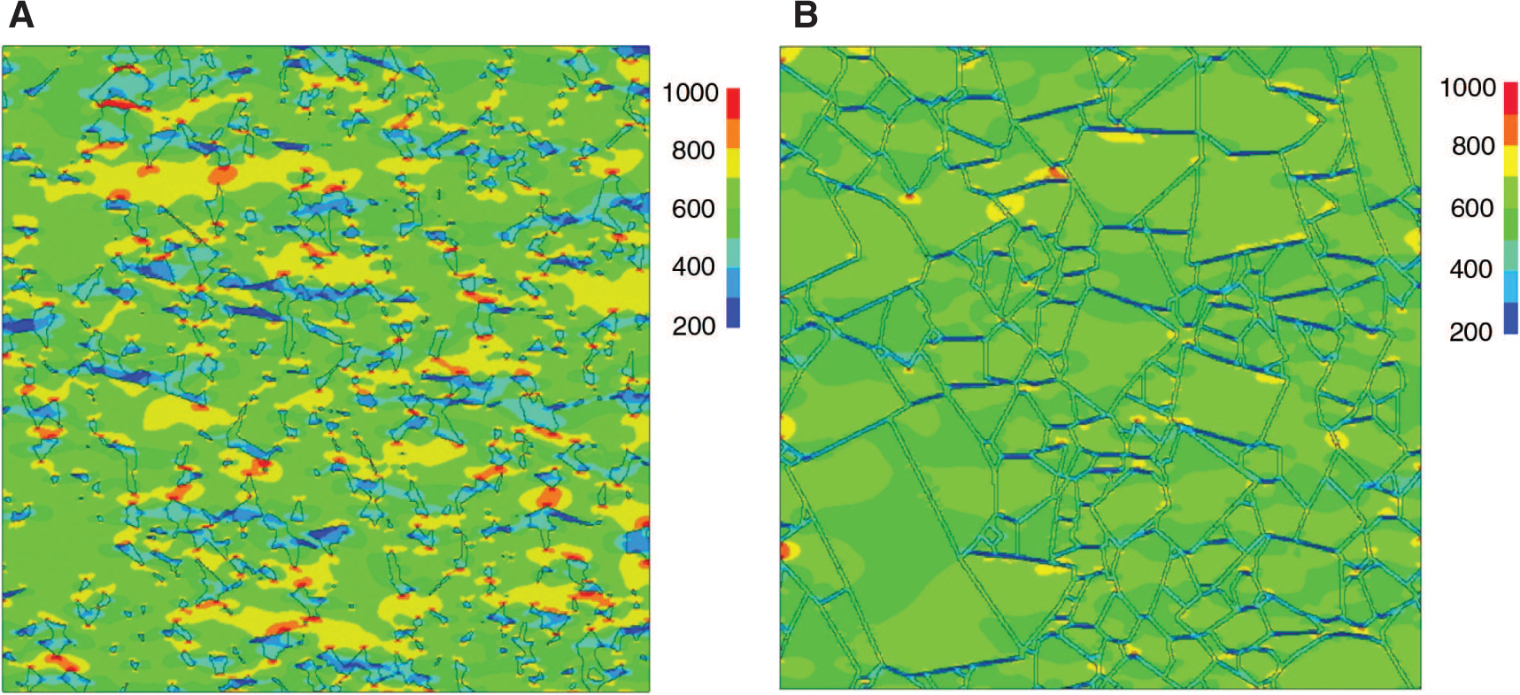 Figure 18: Stress field obtained on the basis of 2D microgeometry containing (A) cobalt islands and (B) continuous boundaries between the tungsten carbide particles (MPa).