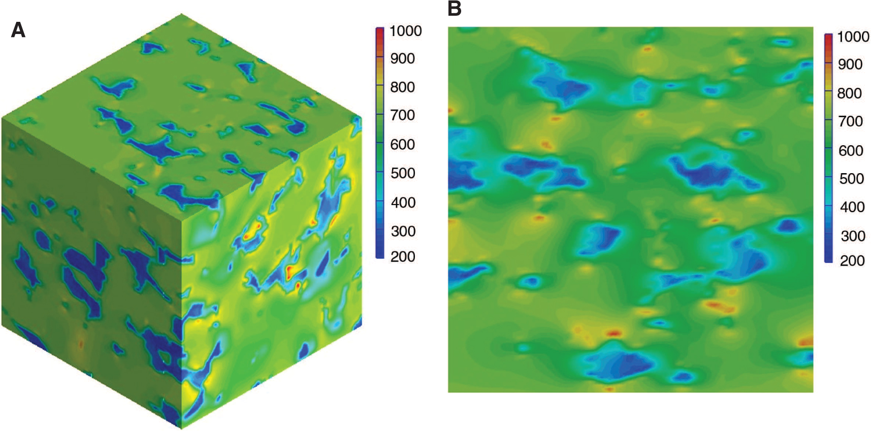 Figure 19: Stress field obtained on the basis of 3D microgeometry containing cobalt islands: (A) isometric view on the RVE and (B) exemplary section view (MPa).