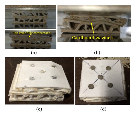 Figure 4 (a) Two-layer cardboard structure during compression testing; (b) two-layer cardboard panel with rods during compression testing; (c) top surface of two-layer cardboard panel with rods after compression testing; (d) bottom surface of two-layer cardboard panel with rods after compression testing.