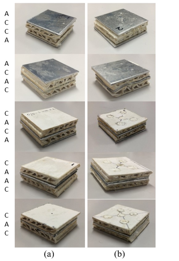Figure 10 Images of cardboard and aluminum panel configurations after compression testing: (a) panels without rods; (b) panels with rods.