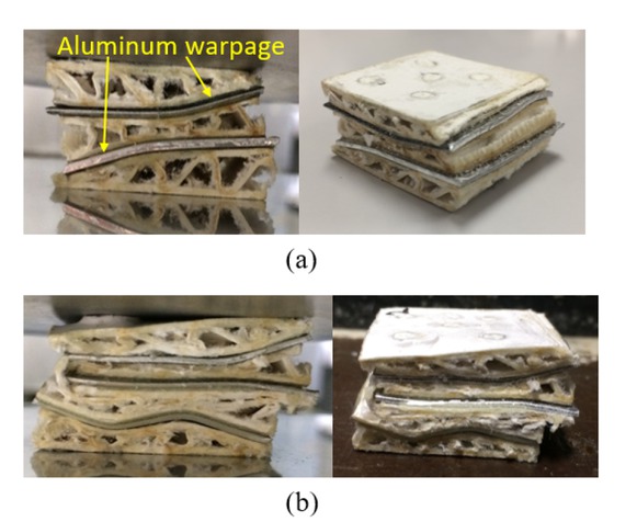 Figure 13 Images of multi-layered panel structures during and after compression testing: (a) CACAC panel structure; (b) CACACAC panel structure.