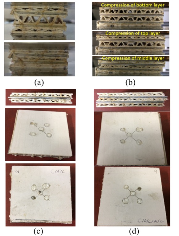 Figure 15 (a) Two-stage compression in a 30 mm × 30 mm CACAC sample showing the top and bottom cardboard layers compressed together first, followed by compression of the middle layer; (b) Three-stage compression in a 60 mm × 60 mm CACAC sample showing the bottom layer compressed first, followed by the top layer, and lastly the middle layer; (c) Side, top, and bottom views of a 60 mm × 60 mm CAC sample; (d) Side, top, and bottom views of a 60 mm × 60 mm CACAC sample.
