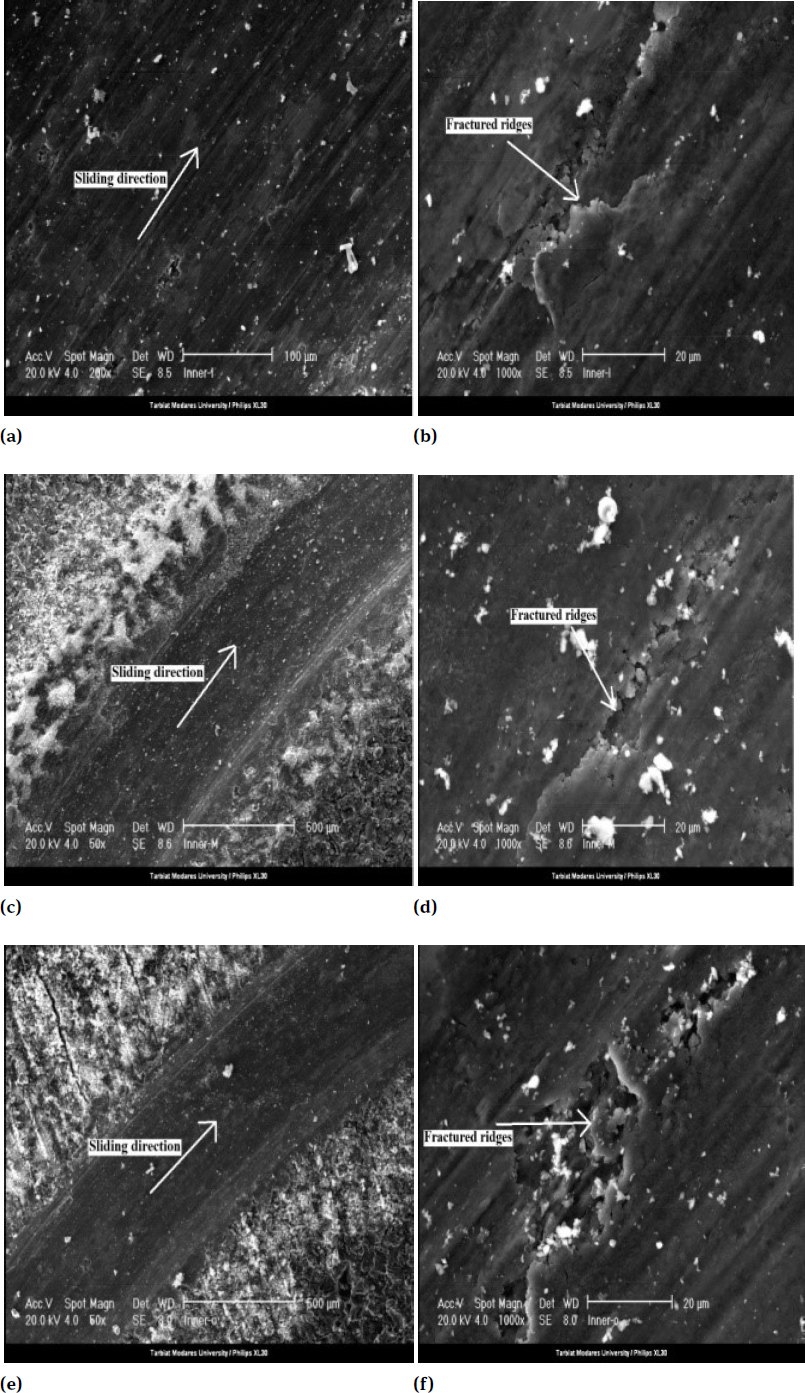 Figure 12 SEM Philips XL30 micrographs of worn surfaces of specimens at the end of wear test, carried out at linear sliding velocity (SV) of 6.35 Cm.s−1 and under fixed normal load (FN) of 40 kN in different test sections (a) and (b) sliding direction and sub-surface cracking for section 0-4 mm away from inner edge of FGM cylinder, respectively, (c) and (d) sliding direction and sub-surface cracking for section 4-8 mm away from inner edge of FGM cylinder, respectively, (e) and (f) sliding direction and sub-surface cracking for section 8-12 mm away from inner edge of FGM cylinder, respectively.