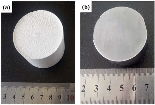 Figure 1 Optical photos of typical samples in the present work. (a) Porous Al2O3 scaffold, (b) Lamellar Al2O3p/Al composite.