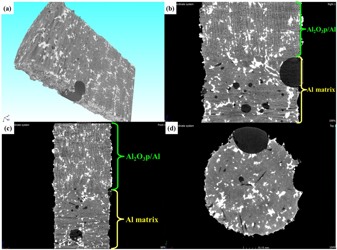 Figure 3 X-ray CT characterization of the lamellar Al2O3p/Al composite. (a) 3D-image, (b)(c) Cross-section images observed perpendicular to the freezing direction, (d) Cross-section images observed parallel to the freezing direction.