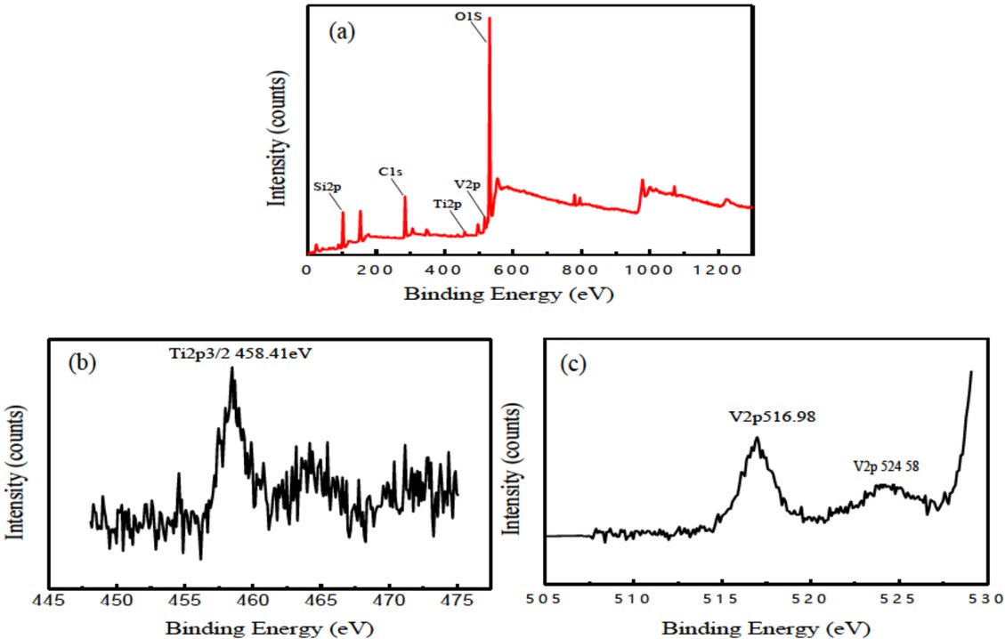 Figure 2 (a) XPS survey spectra, (b) typical Ti2p3/2 and (c) V2p high-resolution XPS spectrum of MAO coating doped with V on Ti substrate after heat treatment